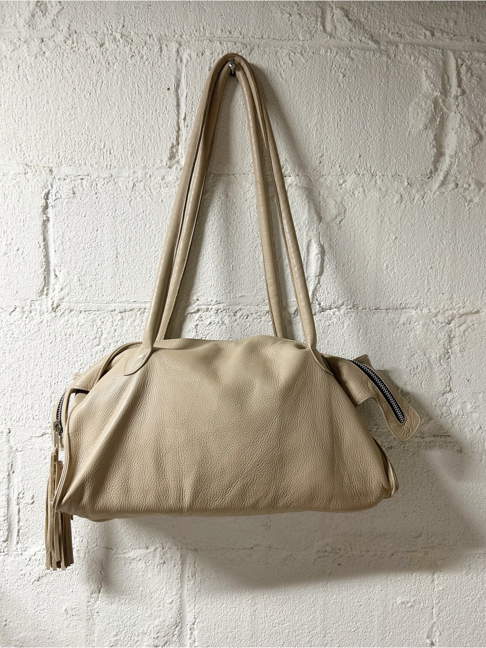 Village Tannery Beige Pebbled Leather Slouchy Shoulder Bag, Design By Sevestet